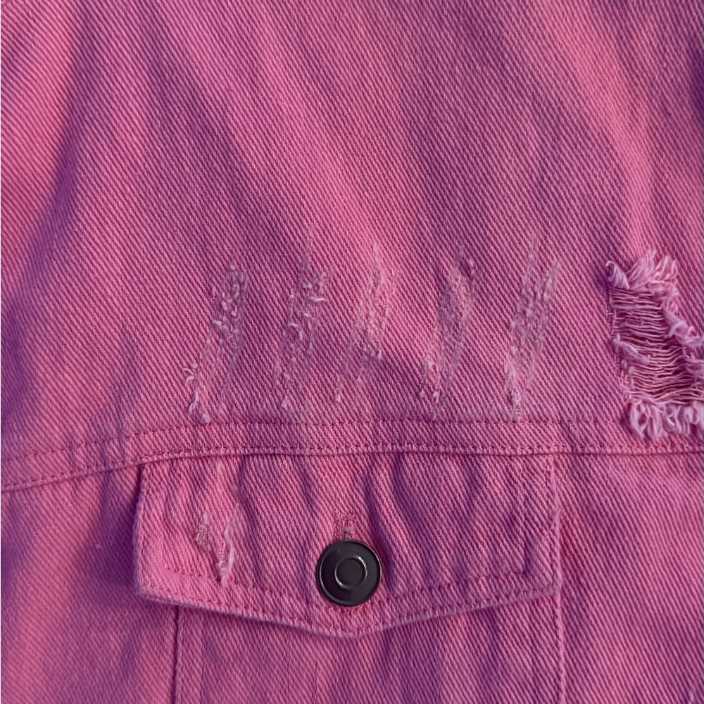 Womens Pink Denim Jacket Distressed Cropped Button Front Size L - Picture 4 of 9